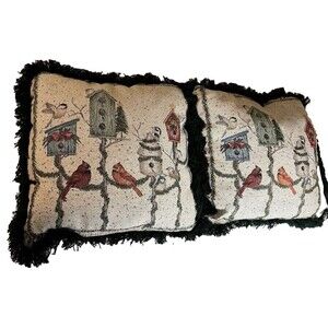 2 Tapestry Throw Pillows 16"x16" Cardinals Birdhouses Cottagecore Countrycore